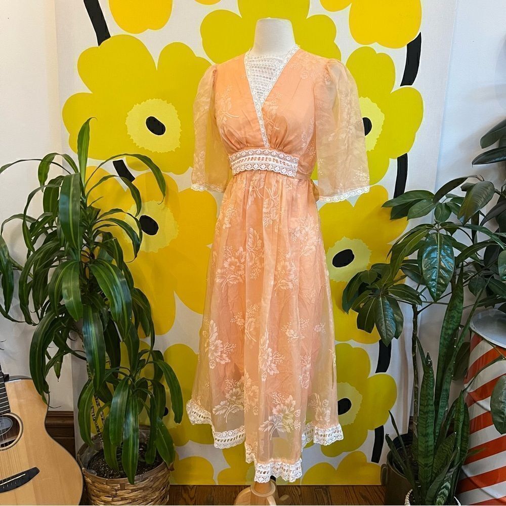 Bohemian Peach 70s Victorian Style Cottagecore Tie Belt Sheer Sleeve Maxi Dress